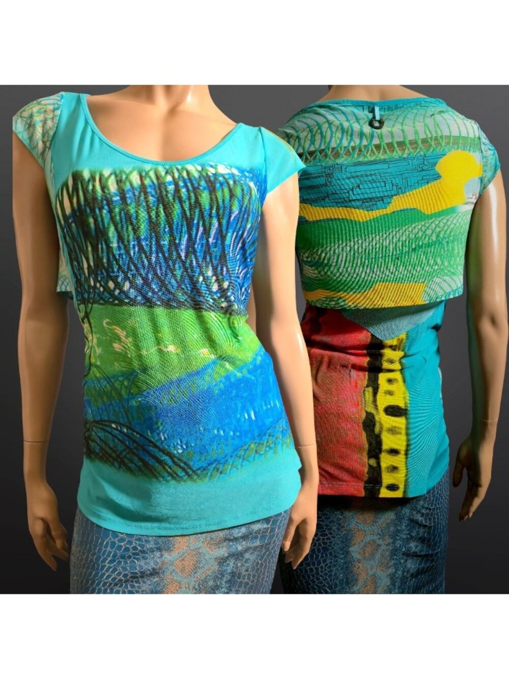 Vintage Save The Queen Mesh Top Size L Cap sleeve Layered Look Abstract Euro